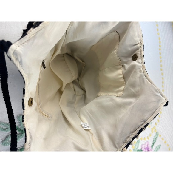 Striped Fringe Tote Bag Bohemian Purse Black Cream Woven Rope Handles - Picture 7 of 8